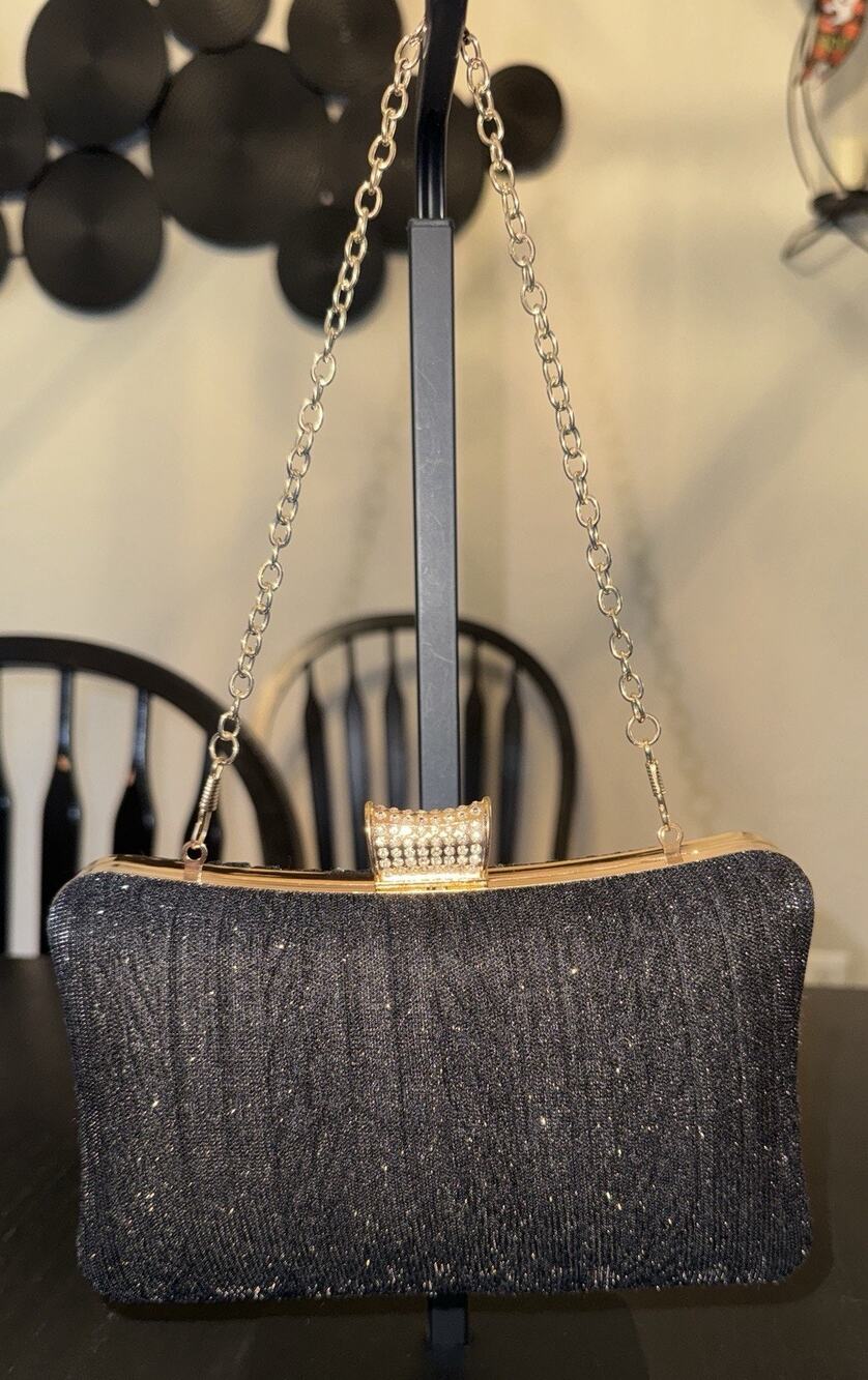 NIB Veroire Paris Black Glitter Evening Clutch Handbag With Dust bag